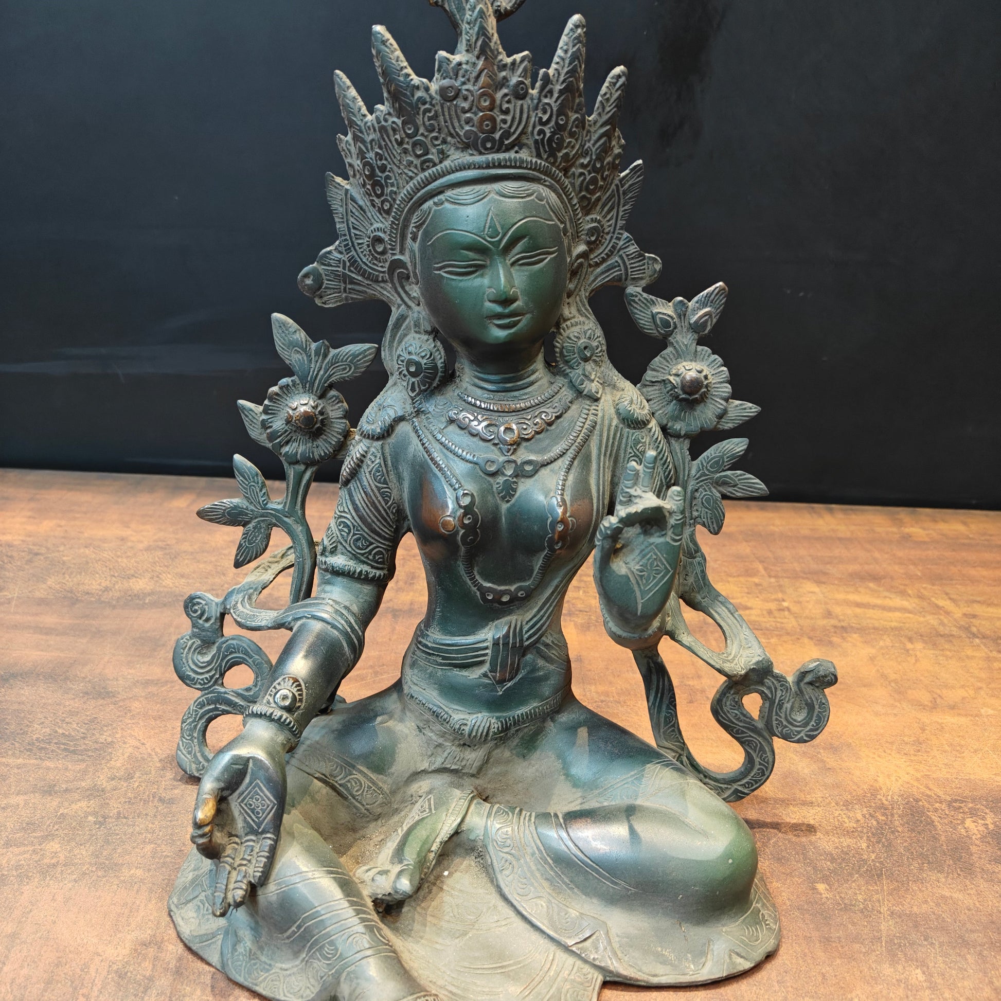 Brass Buddhist Goddess Green Tara Idol Antique Patina Finish 15 Inch - Image 2