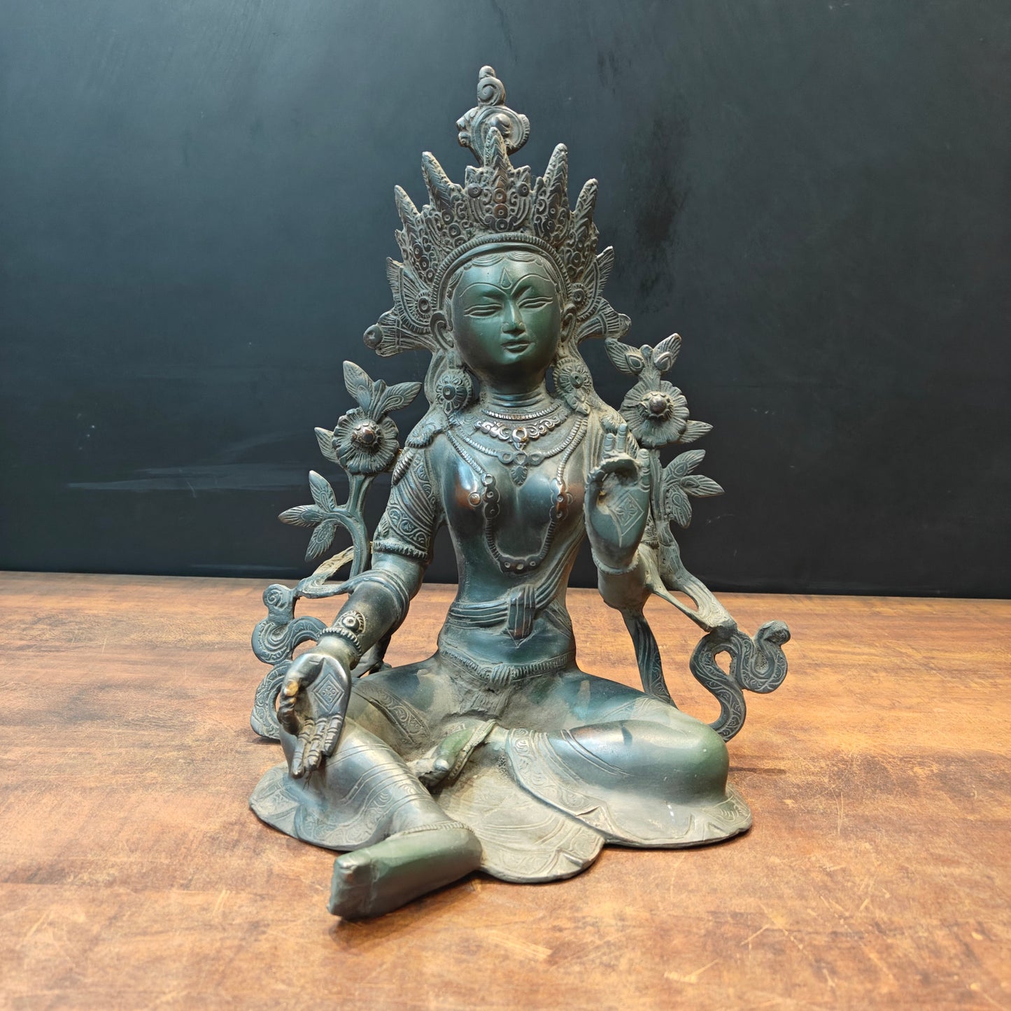 Brass Buddhist Goddess Green Tara Idol Antique Patina Finish 15 Inch