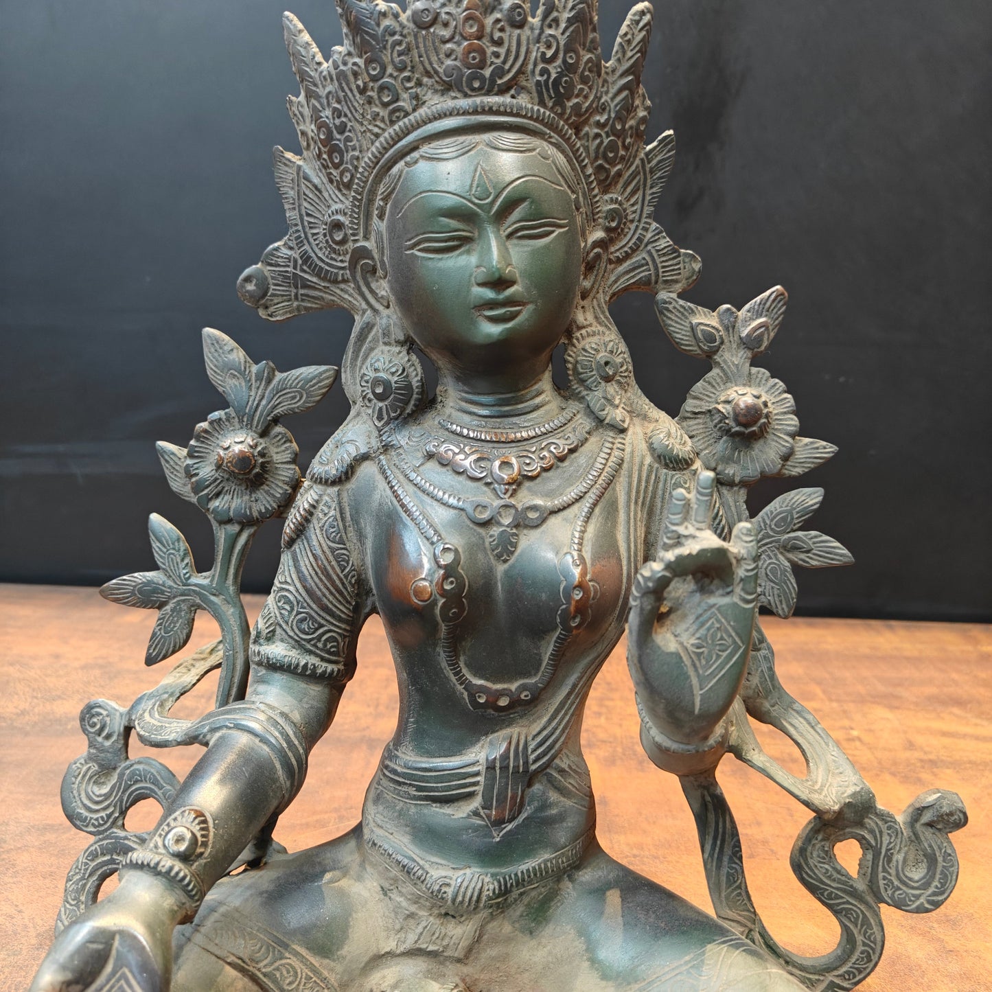 Brass Buddhist Goddess Green Tara Idol Antique Patina Finish 15 Inch