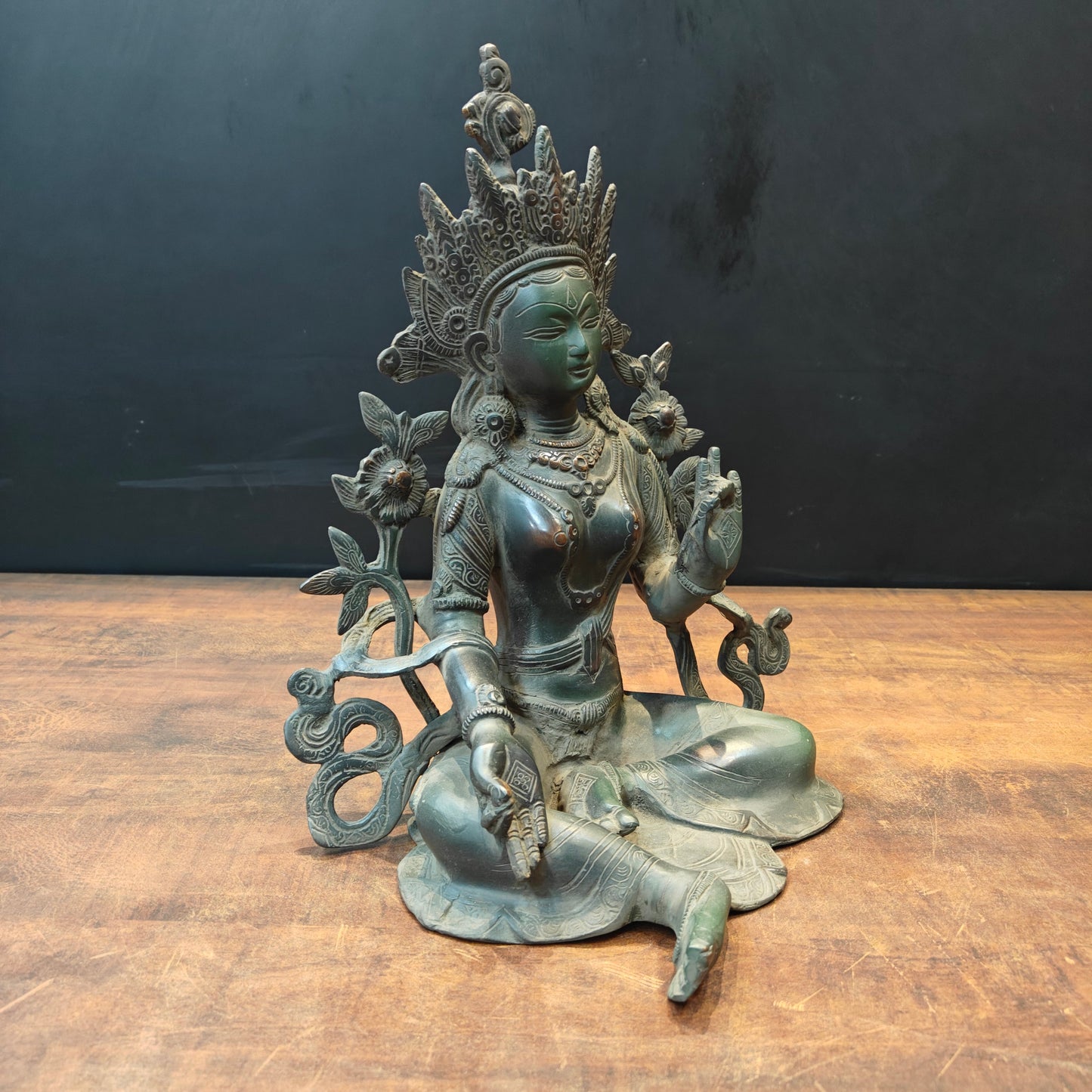 Brass Buddhist Goddess Green Tara Idol Antique Patina Finish 15 Inch