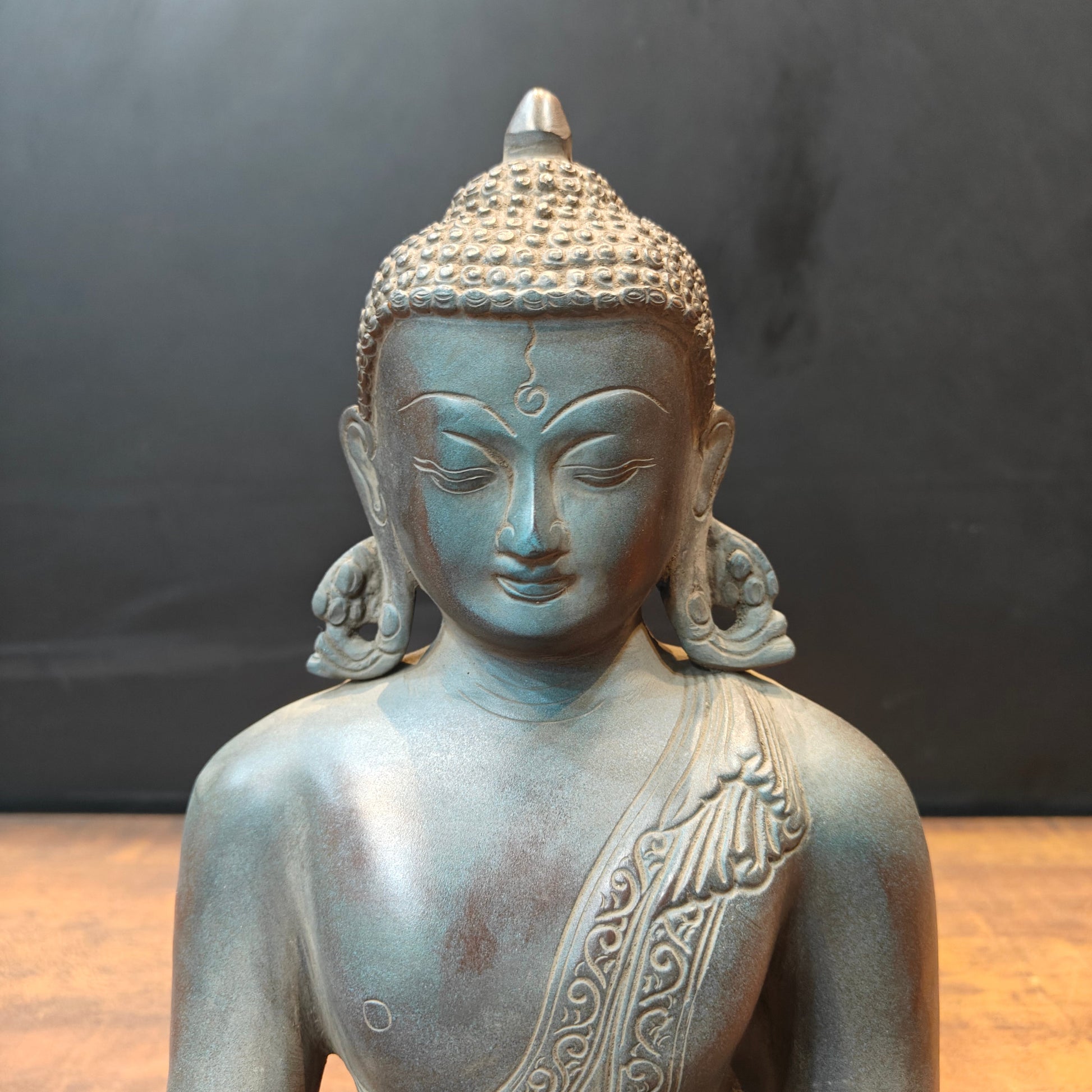 Brass Buddha Statue in Bhumisparsha Mudra Antique Patina Finish 12 Inch - Image 4