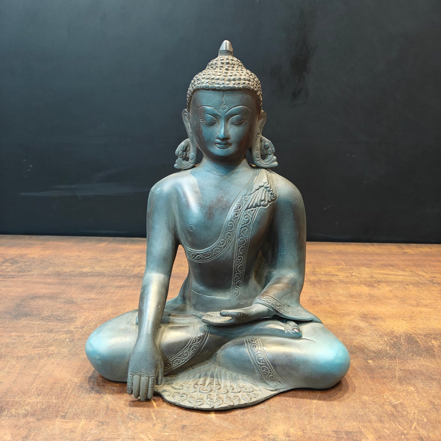 Brass Buddha Statue in Bhumisparsha Mudra Antique Patina Finish 12 Inch