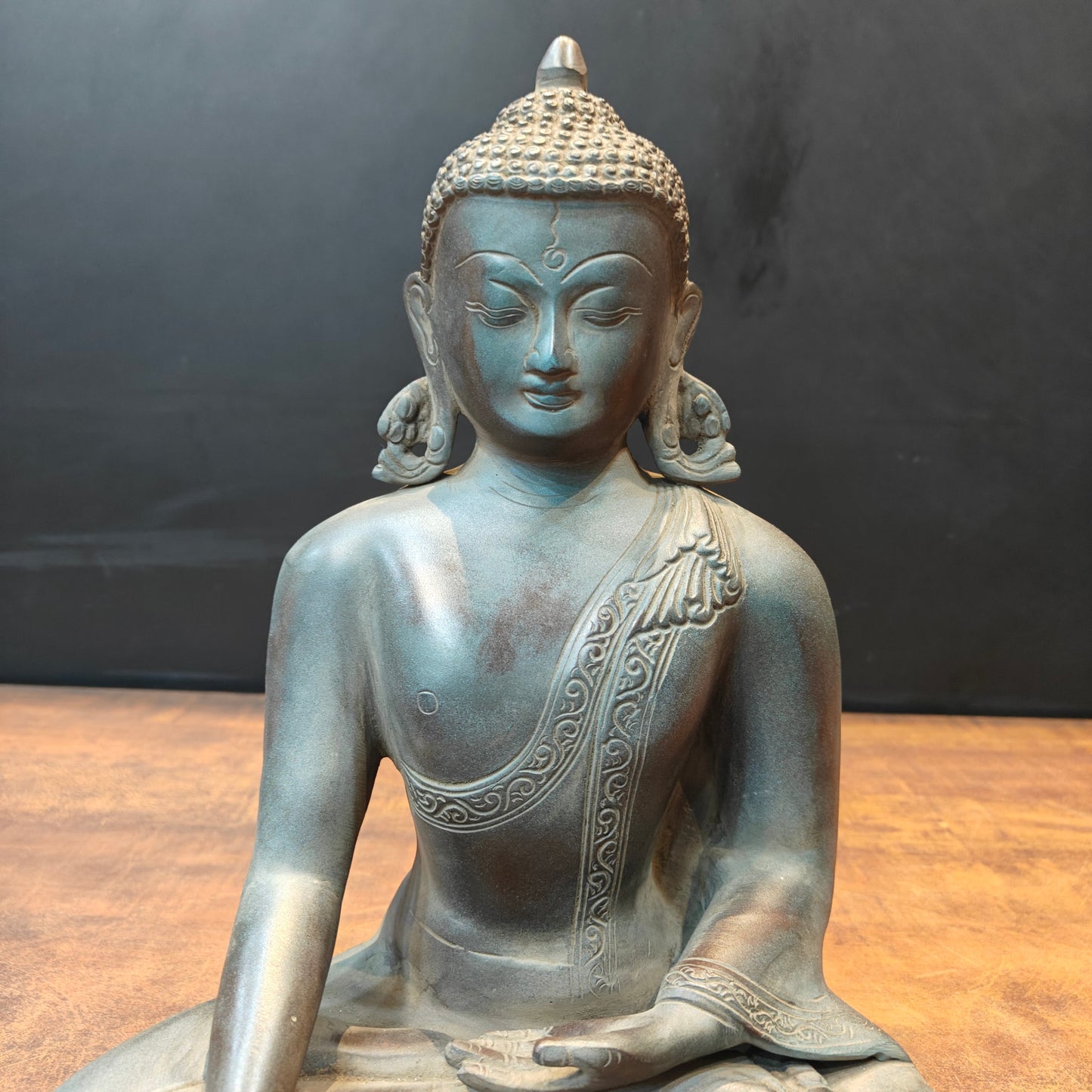 Brass Buddha Statue in Bhumisparsha Mudra Antique Patina Finish 12 Inch