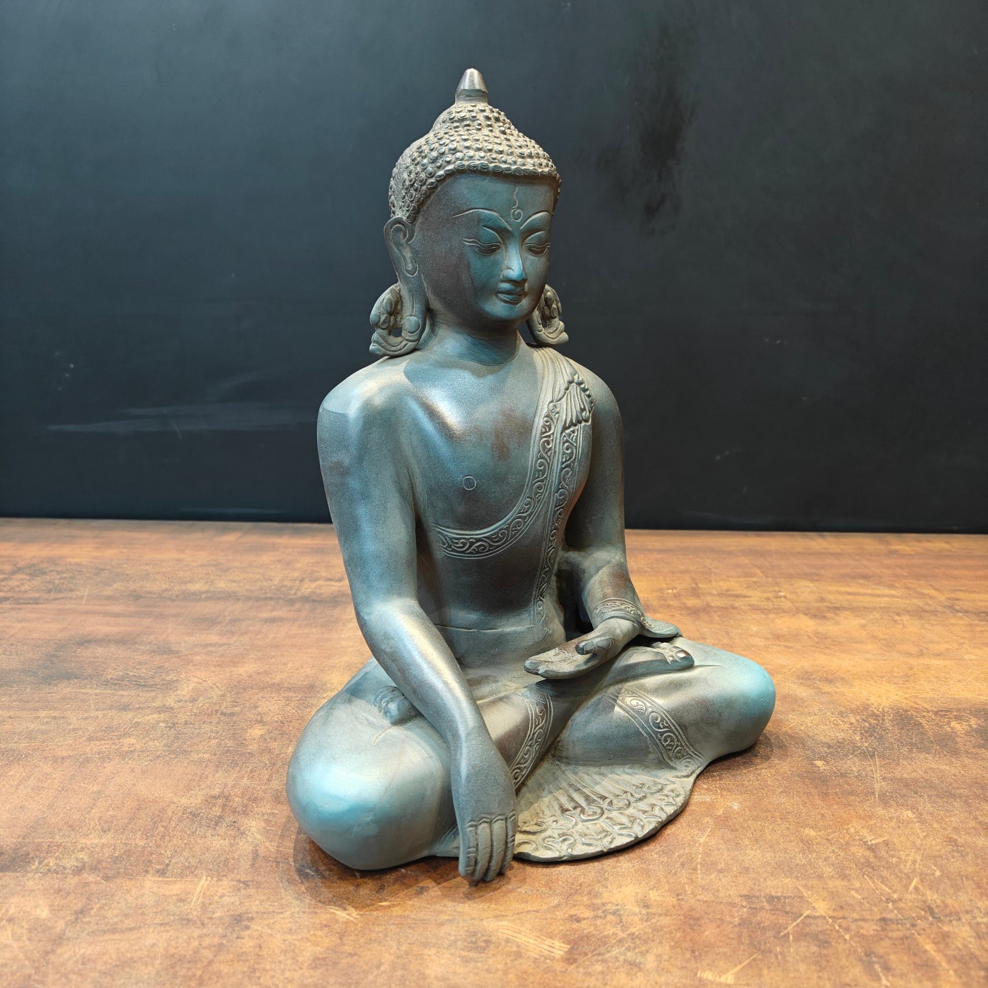 Brass Buddha Statue in Bhumisparsha Mudra Antique Patina Finish 12 Inch - Image 5