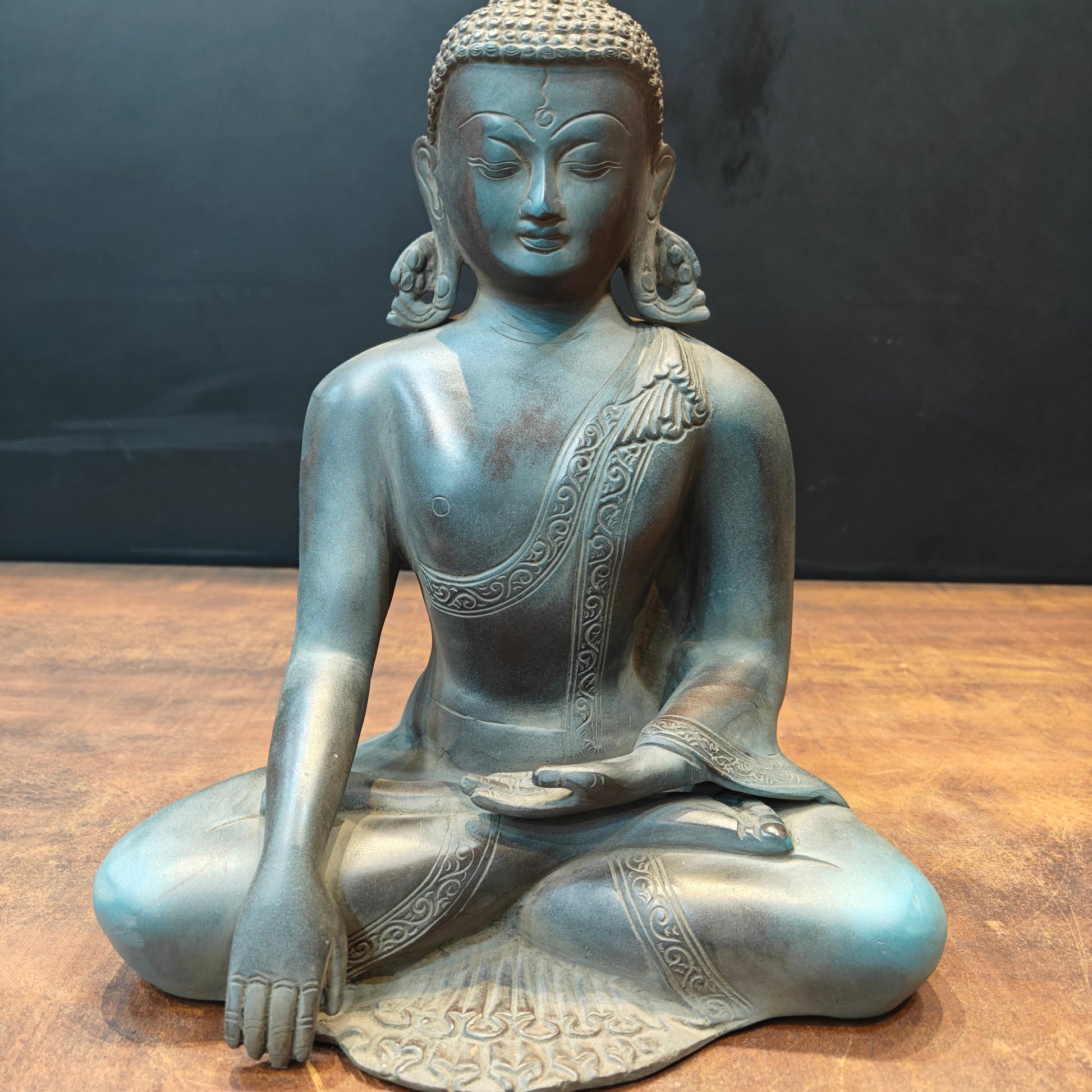 Brass Buddha Statue in Bhumisparsha Mudra Antique Patina Finish 12 Inch - Image 6