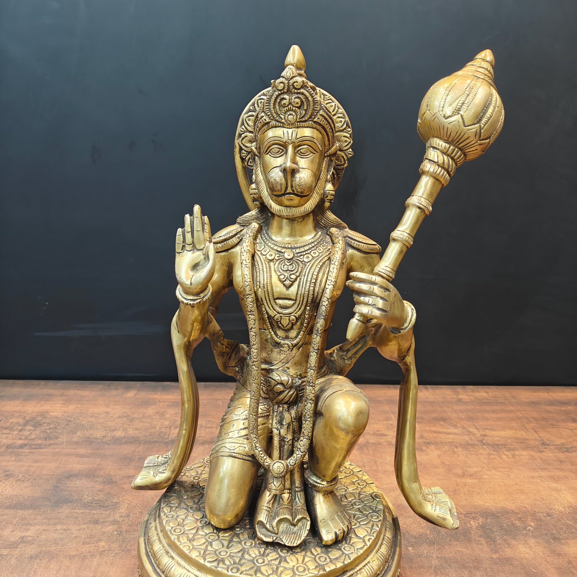 Brass Blessing Hanuman Idol Sitting On Chowki 1.5 Feet - Image 2