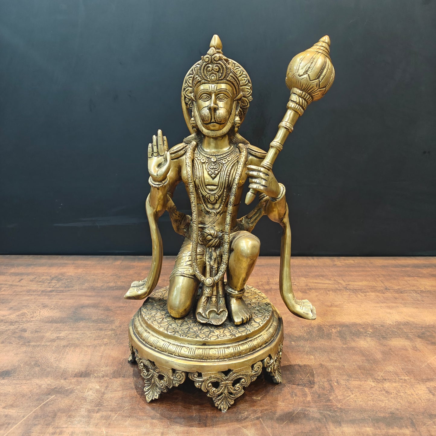 Brass Blessing Hanuman Idol Sitting On Chowki 1.5 Feet