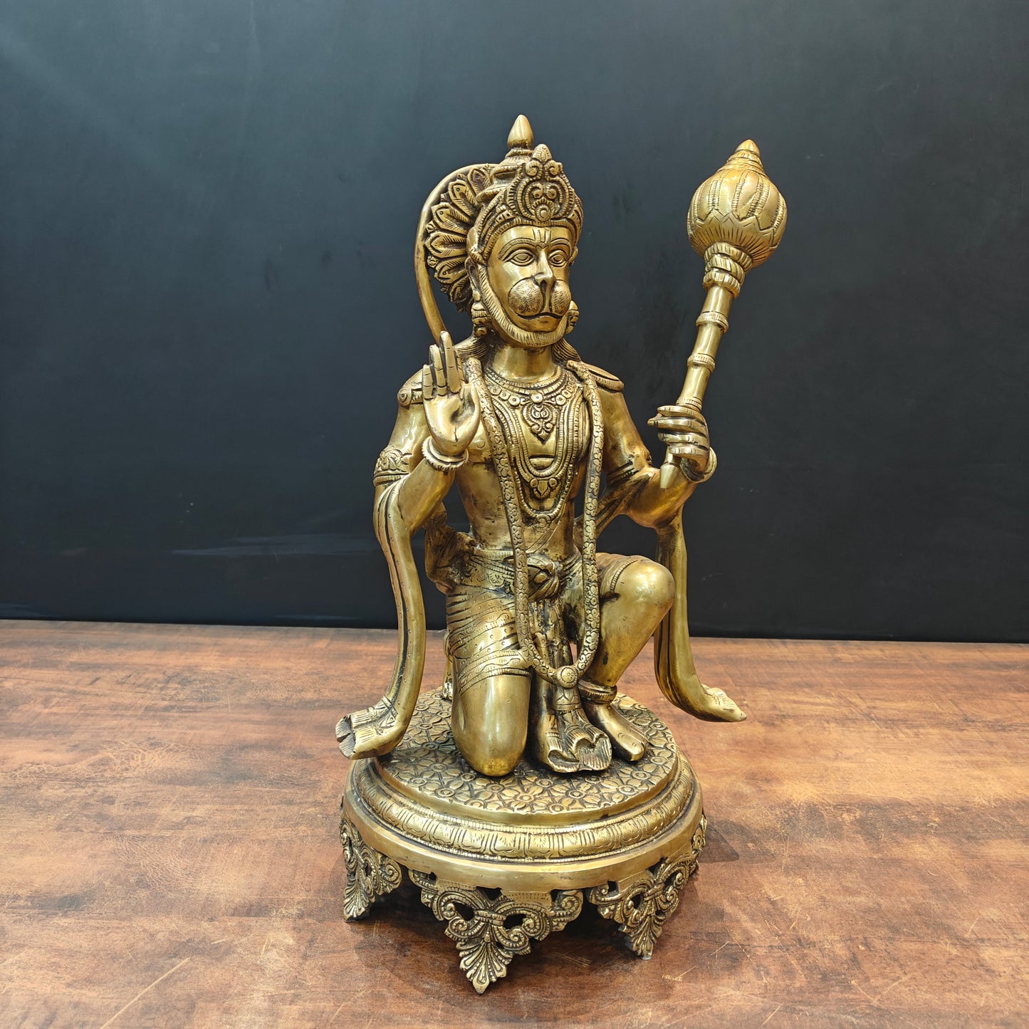 Brass Blessing Hanuman Idol Sitting On Chowki 1.5 Feet