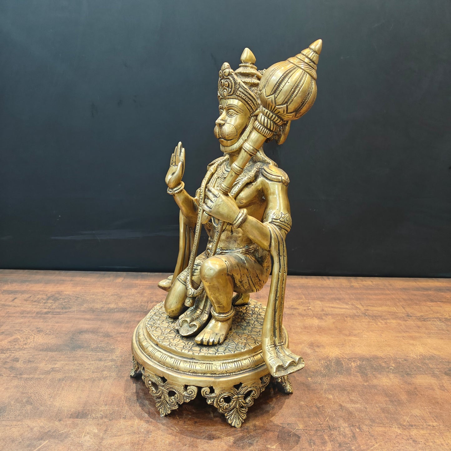 Brass Blessing Hanuman Idol Sitting On Chowki 1.5 Feet