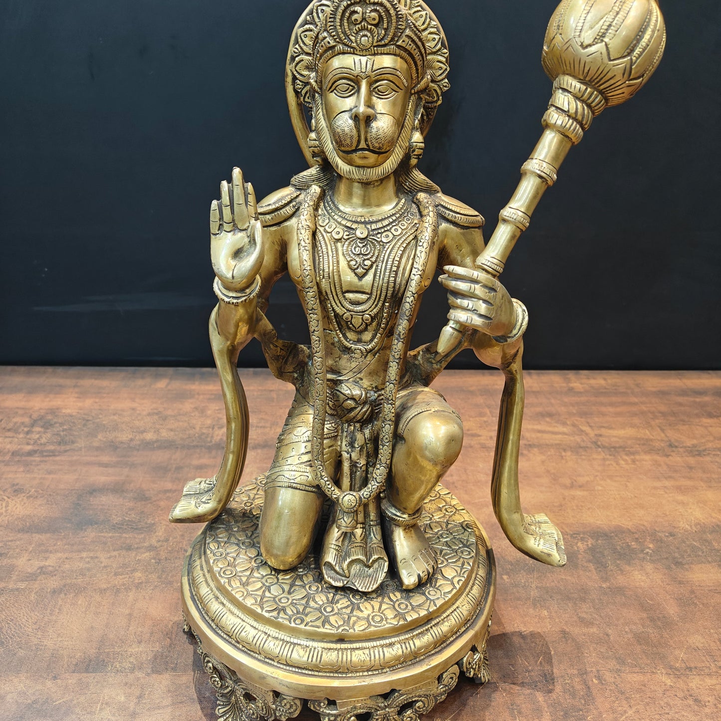 Brass Blessing Hanuman Idol Sitting On Chowki 1.5 Feet