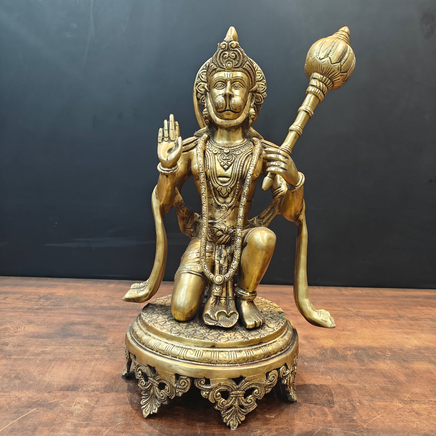 Brass Blessing Hanuman Idol Sitting On Chowki 1.5 Feet