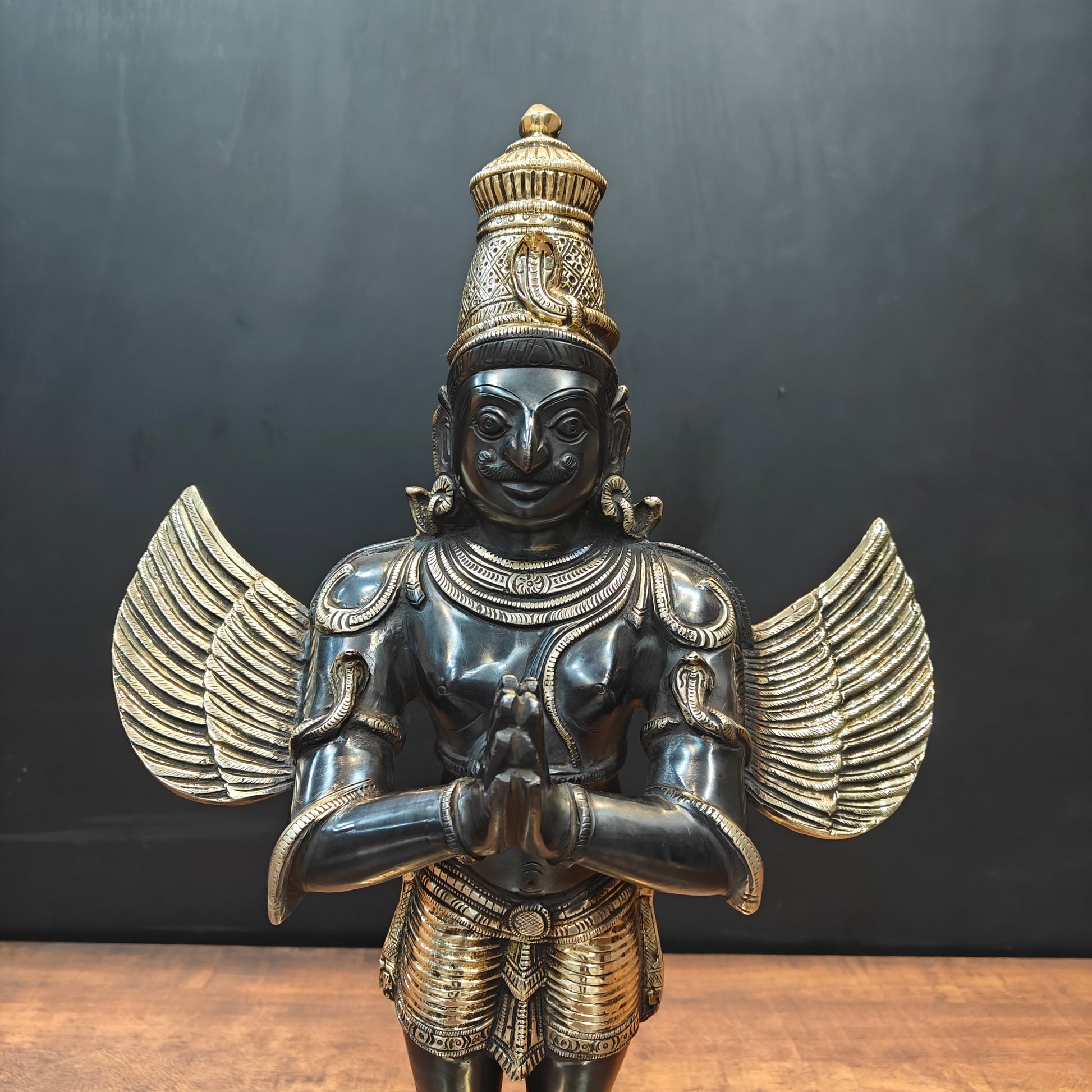 Brass Standing Garud Dev Idol Vehicle of Lord Vishnu Antique Gold Finish 2 Feet - Image 2