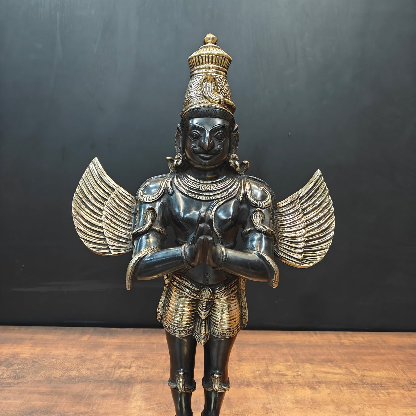 Brass Standing Garud Dev Idol Vehicle of Lord Vishnu Antique Gold Finish 2 Feet