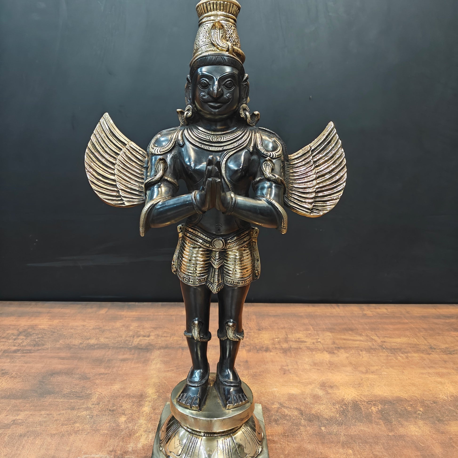 Brass Standing Garud Dev Idol Vehicle of Lord Vishnu Antique Gold Finish 2 Feet - Image 5