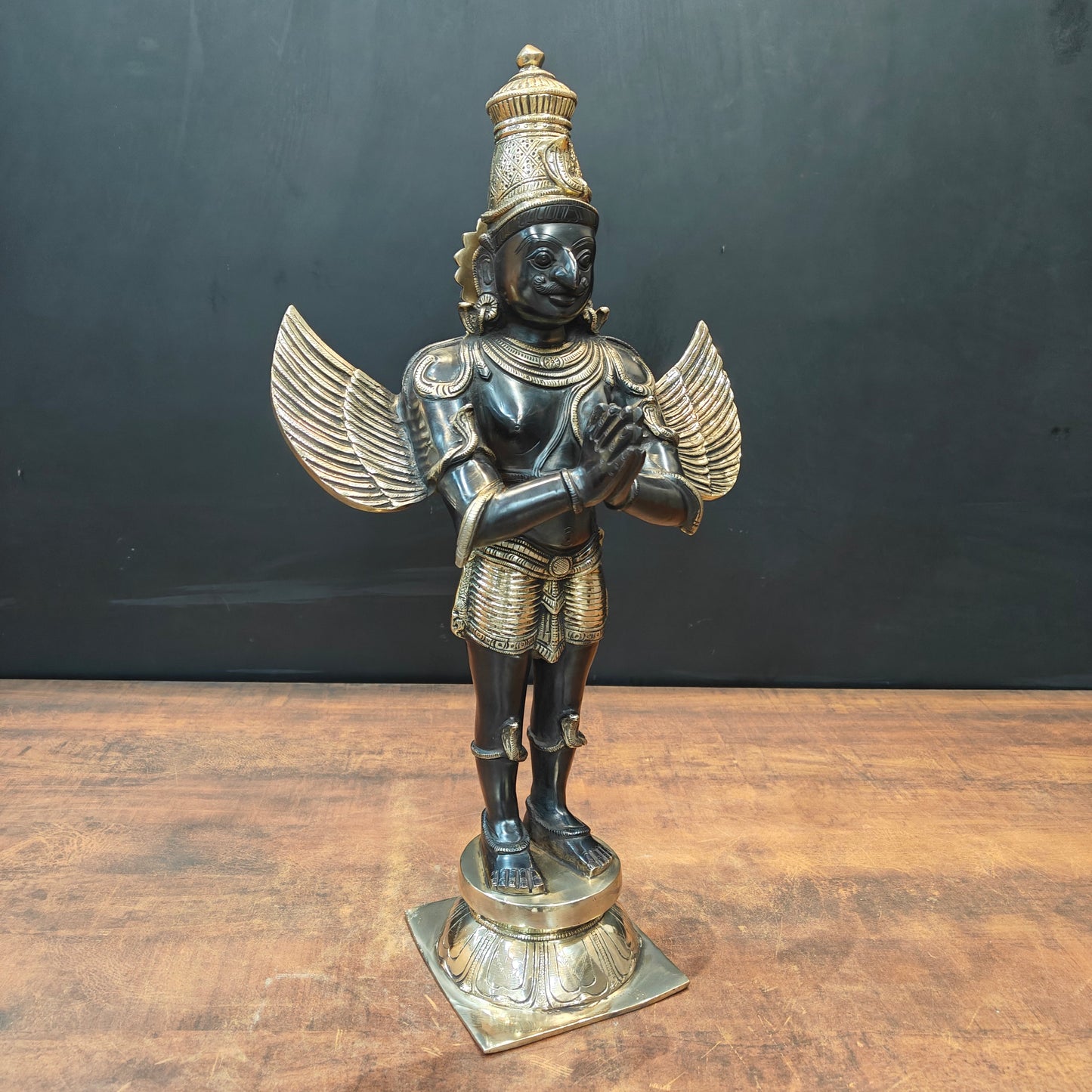 Brass Standing Garud Dev Idol Vehicle of Lord Vishnu Antique Gold Finish 2 Feet