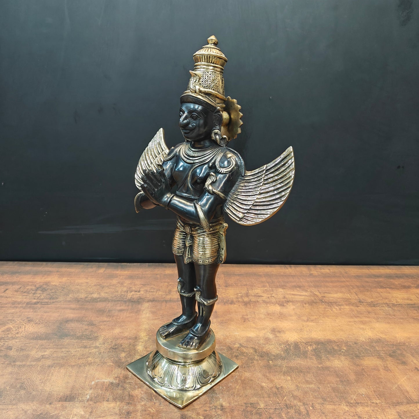 Brass Standing Garud Dev Idol Vehicle of Lord Vishnu Antique Gold Finish 2 Feet