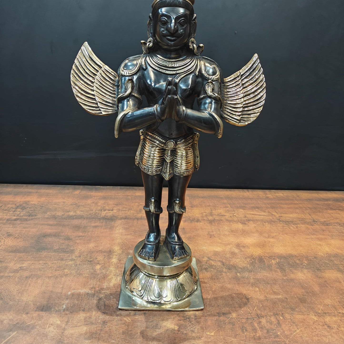 Brass Standing Garud Dev Idol Vehicle of Lord Vishnu Antique Gold Finish 2 Feet