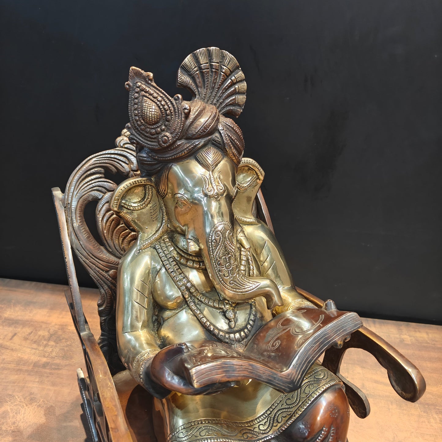 Brass Ganesha Idol Reading Book On Rocking Chair Antique Finish 2 Feet