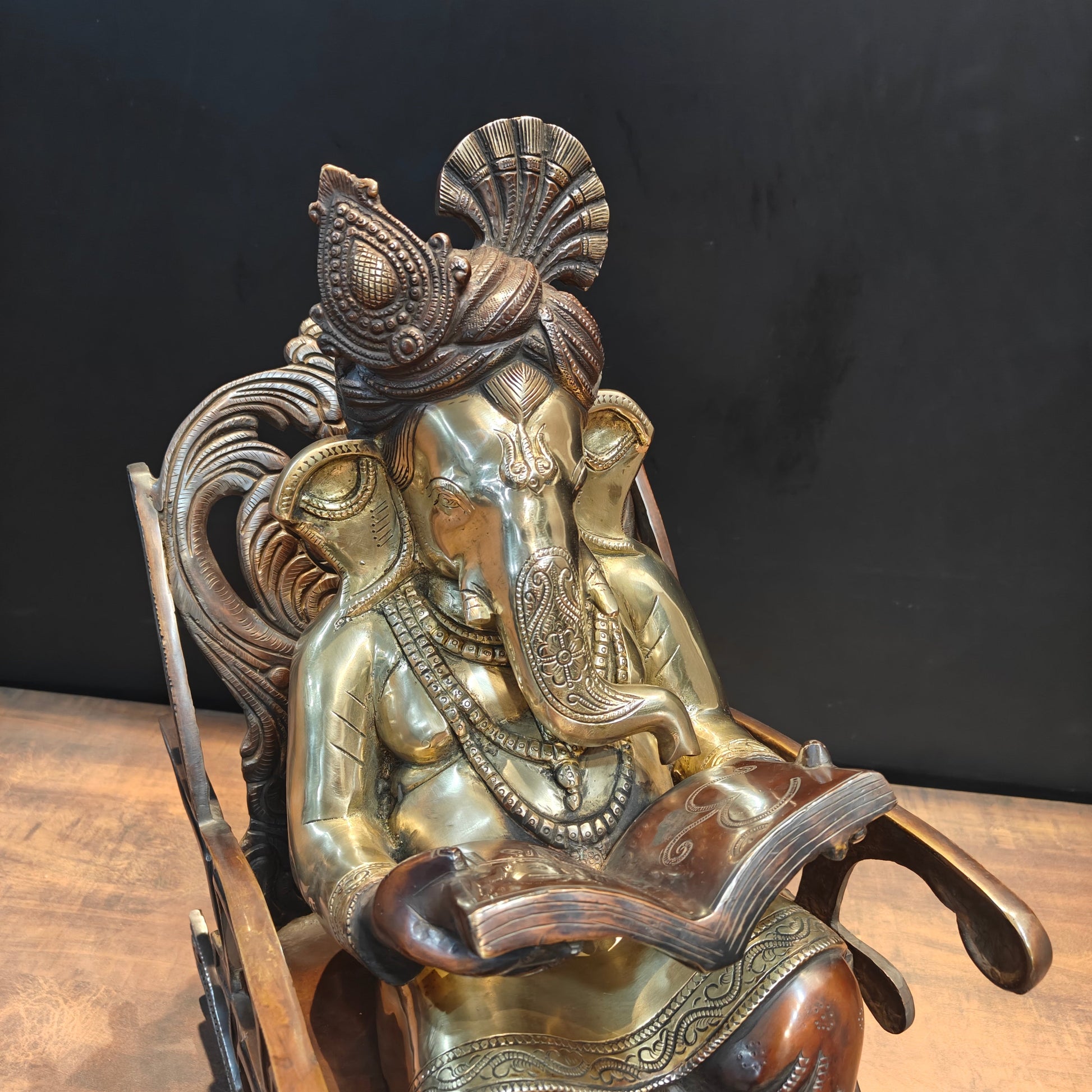 Brass Ganesha Idol Reading Book On Rocking Chair Antique Finish 2 Feet - Image 2