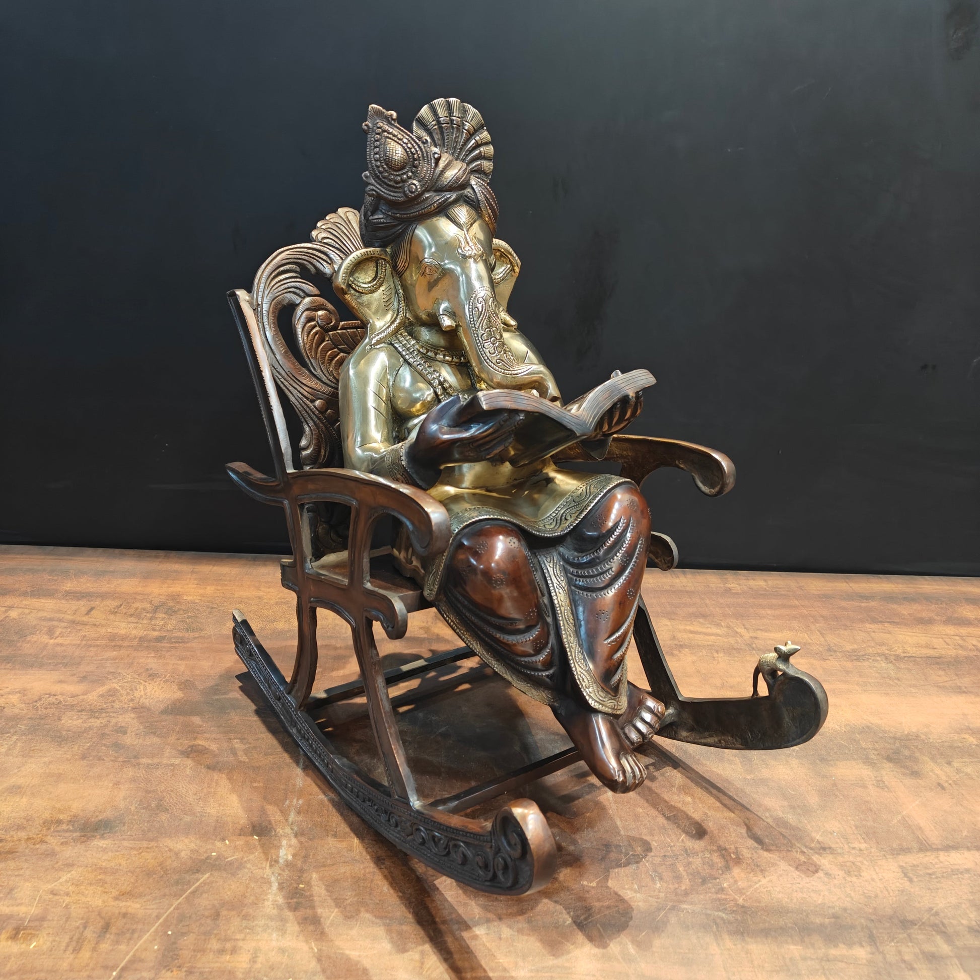 Brass Ganesha Idol Reading Book On Rocking Chair Antique Finish 2 Feet - Image 3