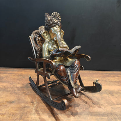 Brass Ganesha Idol Reading Book On Rocking Chair Antique Finish 2 Feet by vendor-unknown - Hindu Gods (View 3)