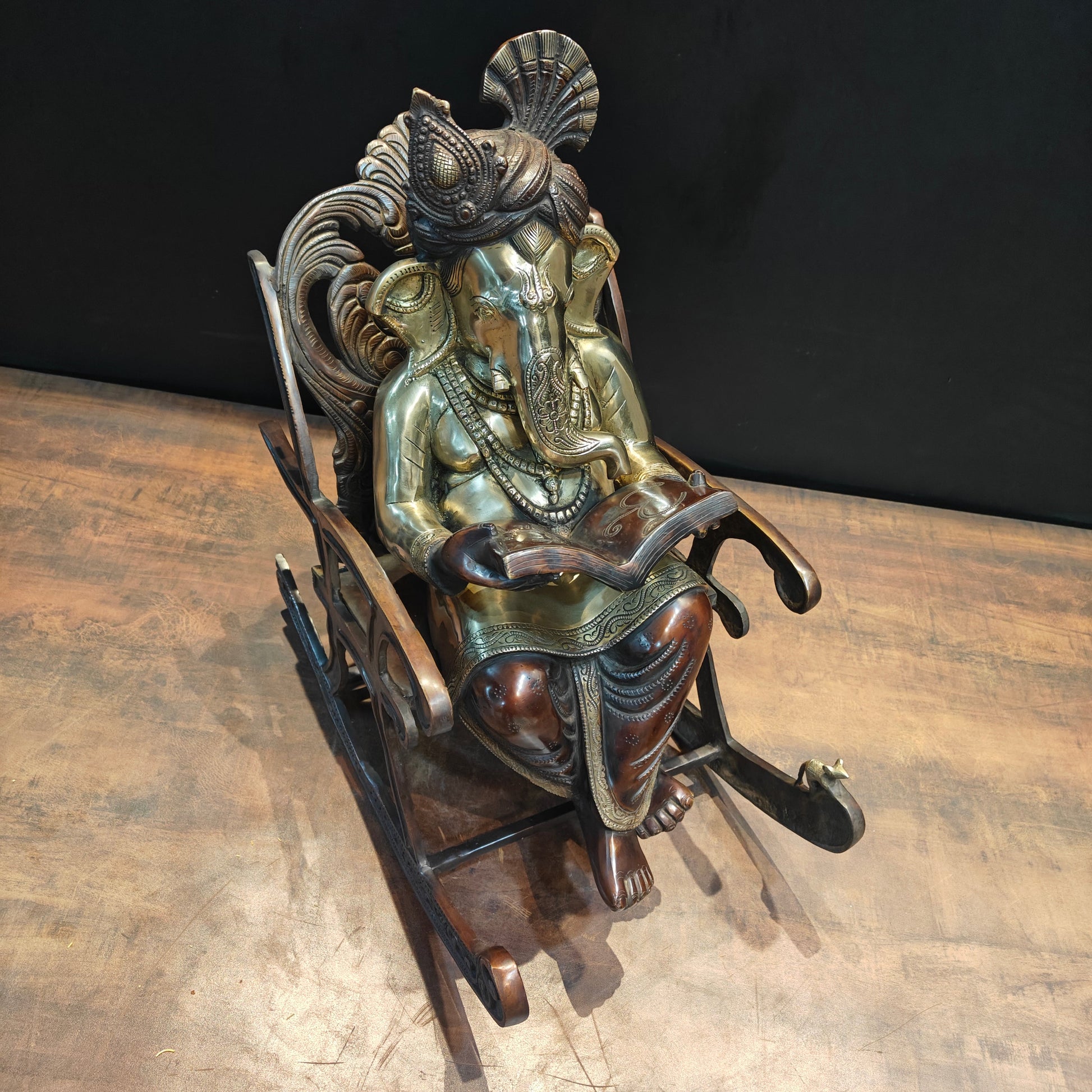 Brass Ganesha Idol Reading Book On Rocking Chair Antique Finish 2 Feet - Image 4