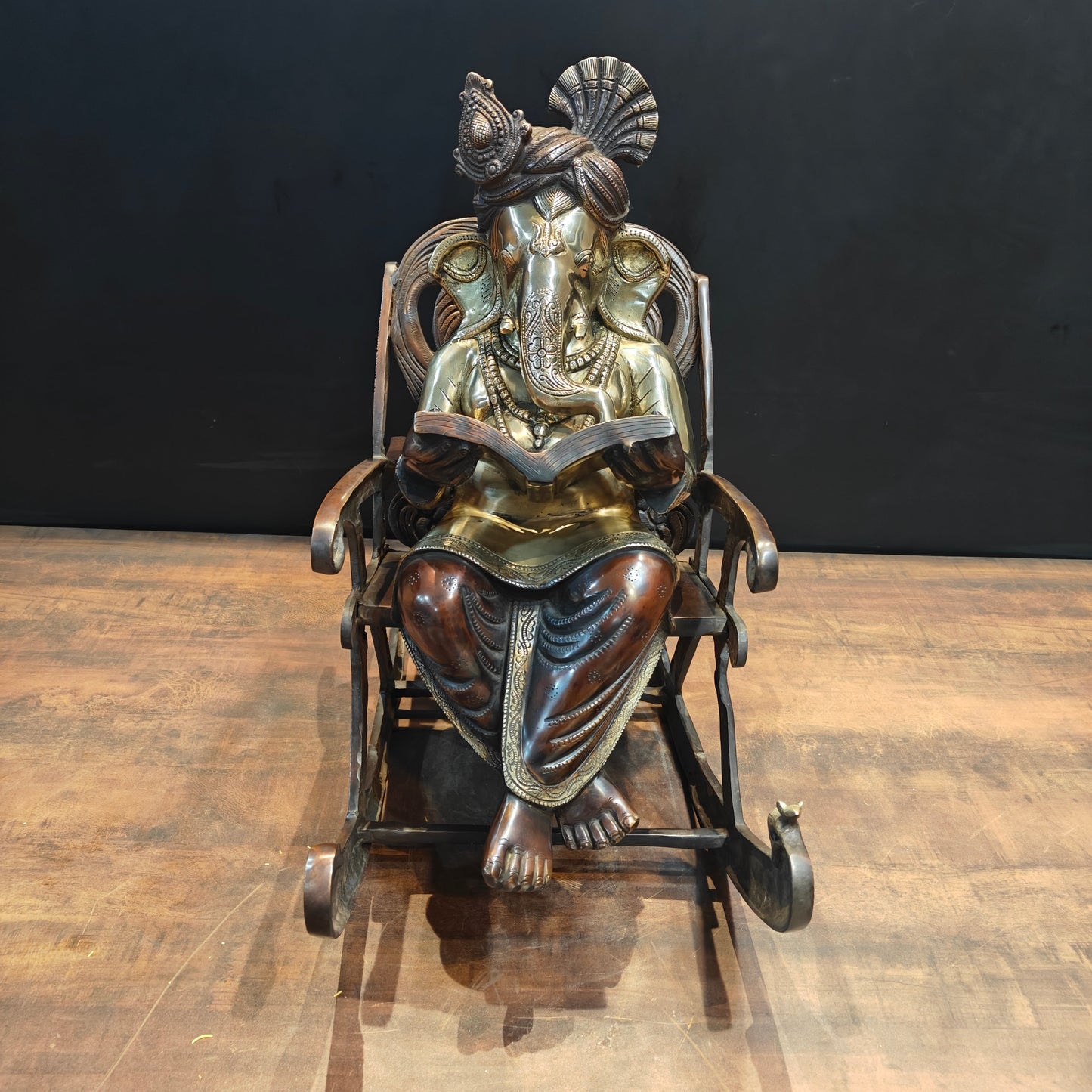 Brass Ganesha Idol Reading Book On Rocking Chair Antique Finish 2 Feet