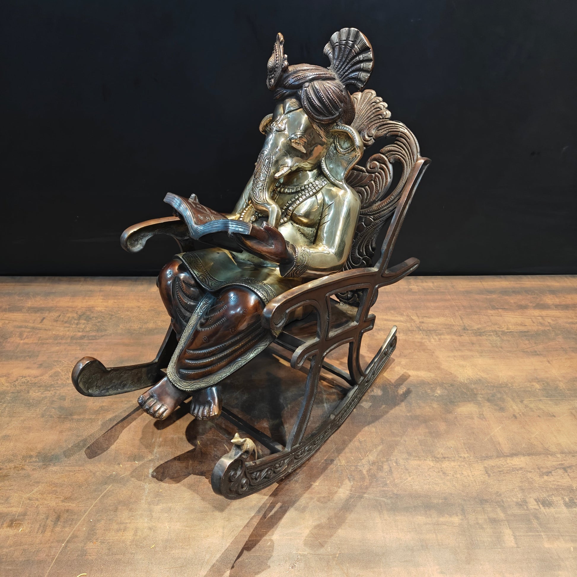 Brass Ganesha Idol Reading Book On Rocking Chair Antique Finish 2 Feet - Image 6