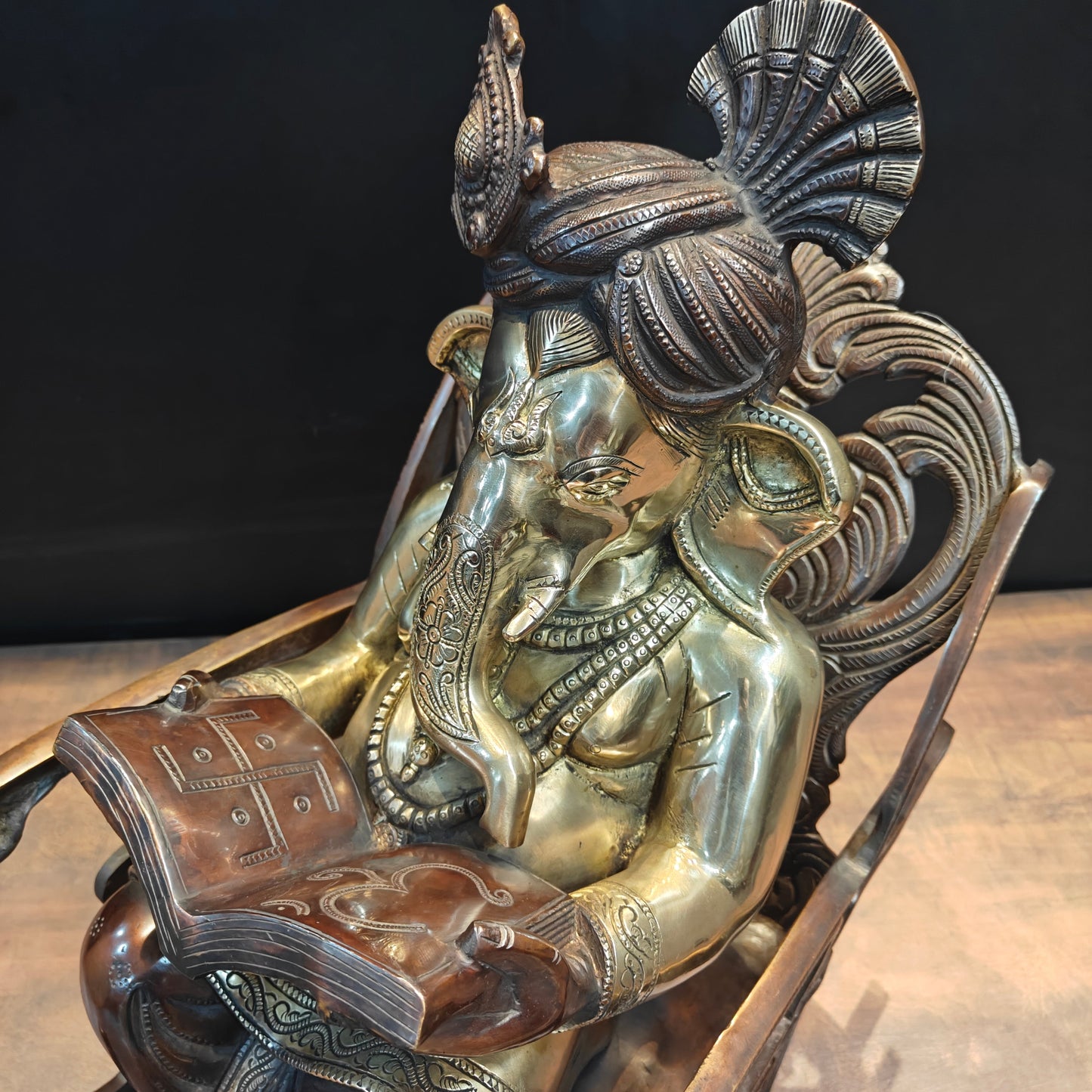 Brass Ganesha Idol Reading Book On Rocking Chair Antique Finish 2 Feet