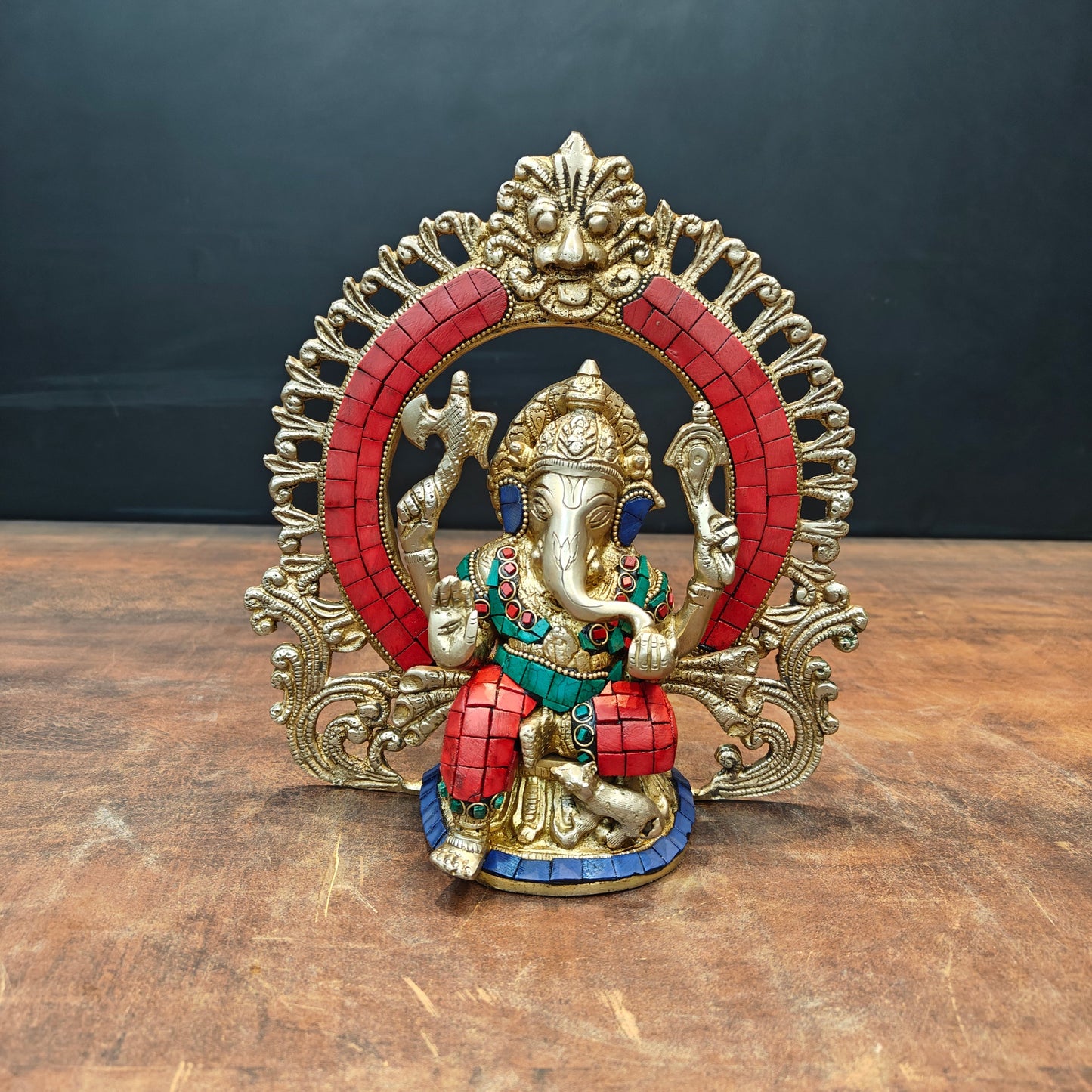 Brass Ganesha Statue with Prabhavali Stone Work 9 Inch