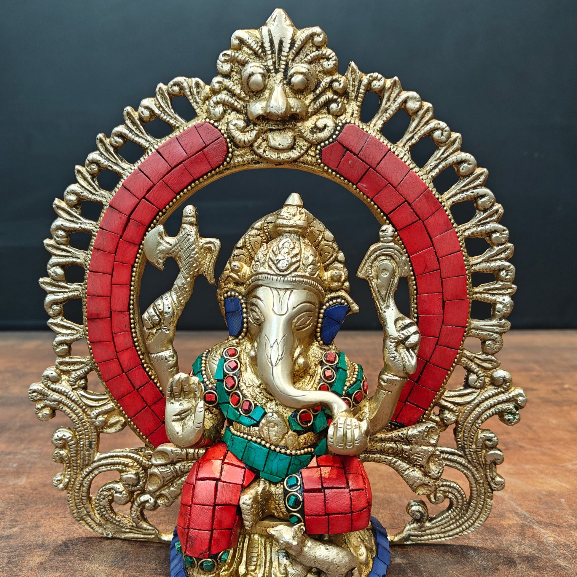 Brass Ganesha Statue with Prabhavali Stone Work 9 Inch - Image 2