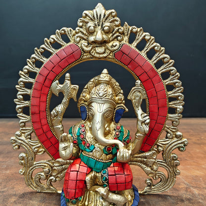 Brass Ganesha Statue with Prabhavali Stone Work 9 Inch by vendor-unknown - Hindu Gods (View 2)