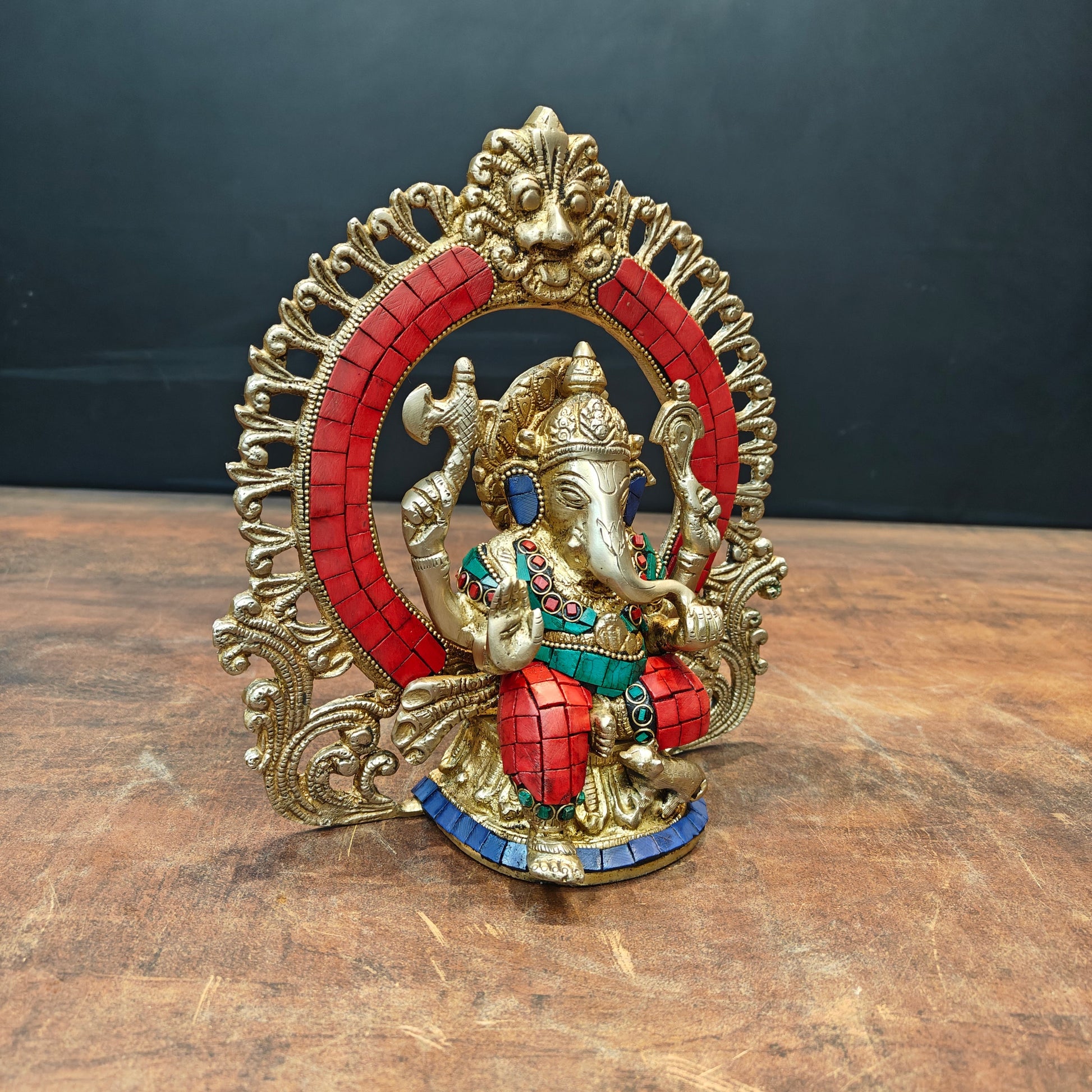 Brass Ganesha Statue with Prabhavali Stone Work 9 Inch - Image 4