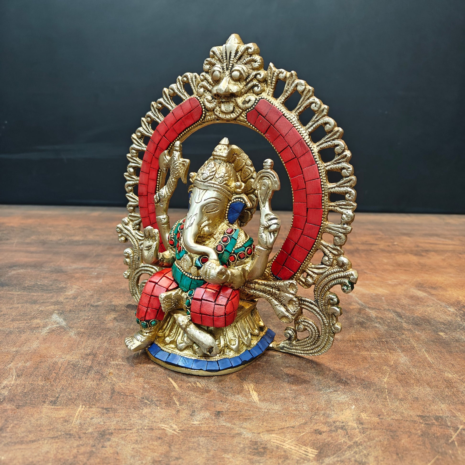 Brass Ganesha Statue with Prabhavali Stone Work 9 Inch - Image 5