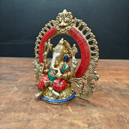 Brass Ganesha Statue with Prabhavali Stone Work 9 Inch by vendor-unknown - Hindu Gods (View 5)