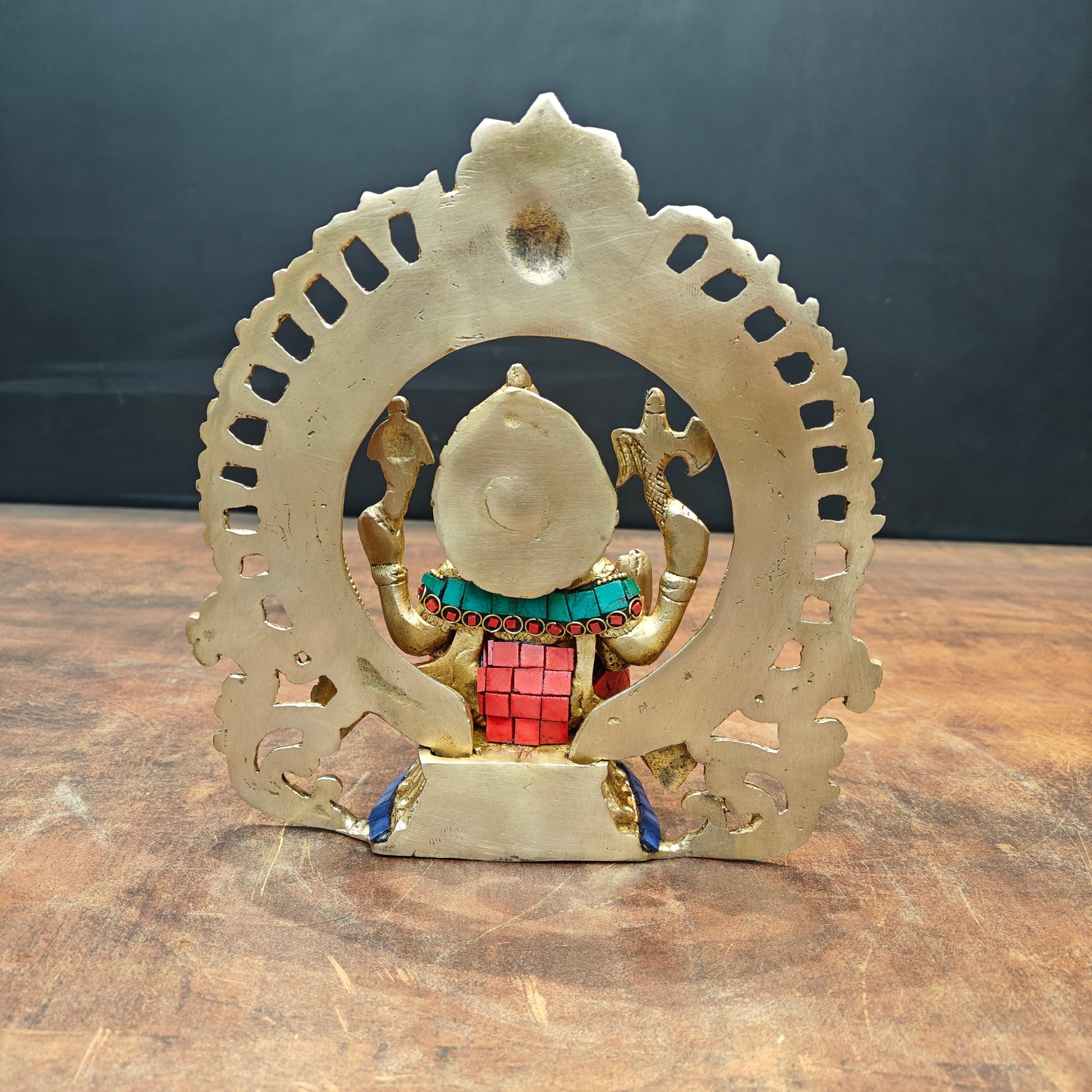 Brass Ganesha Statue with Prabhavali Stone Work 9 Inch - Image 6