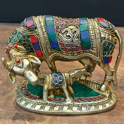 Brass Cow and Calf Statue Stone Work For Home Decor 6 Inch by vendor-unknown - Spiritual (View 2)