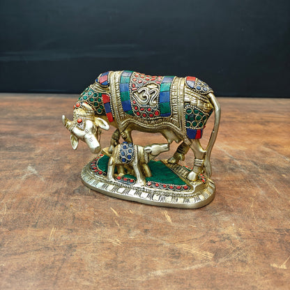 Brass Cow and Calf Statue Stone Work For Home Decor 6 Inch by vendor-unknown - Spiritual (View 4)