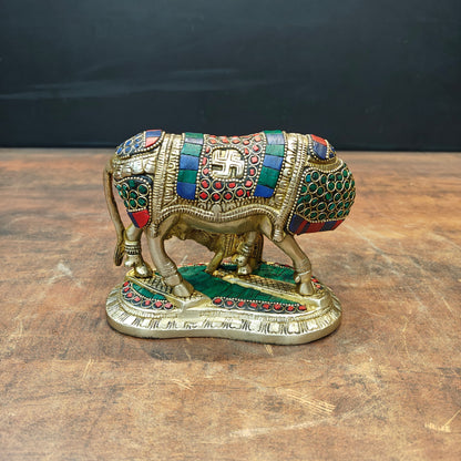 Brass Cow and Calf Statue Stone Work For Home Decor 6 Inch by vendor-unknown - Spiritual (View 5)