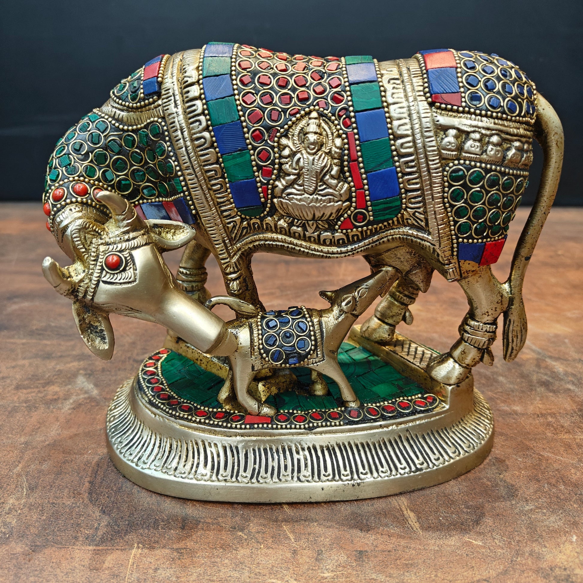 Brass Cow With Calf Idol Lakshmi Ji Ganesh Ji Engraved Stone Work 7 Inch - Image 2