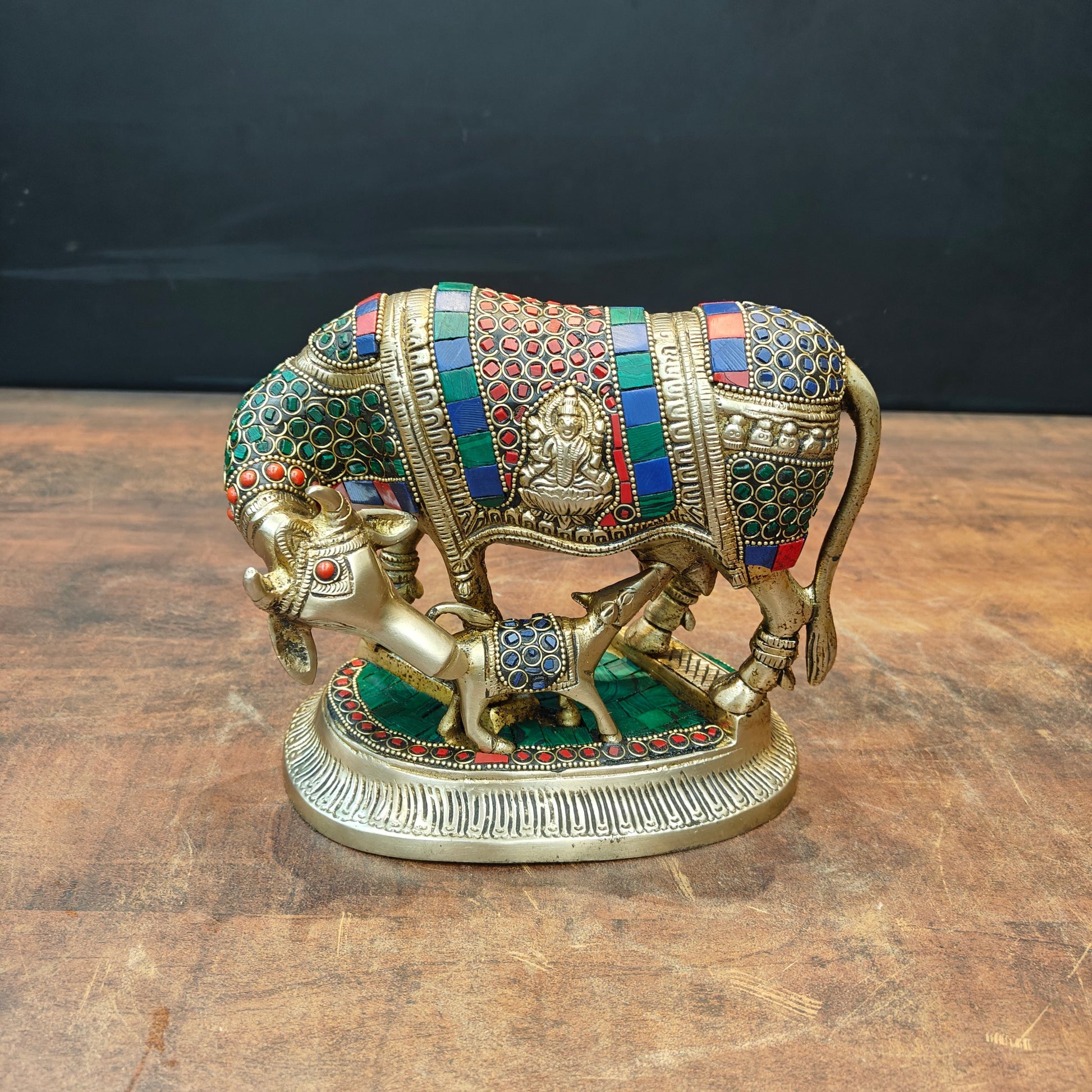 Brass Cow With Calf Idol Lakshmi Ji Ganesh Ji Engraved Stone Work 7 Inch - Image 3