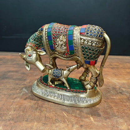 Brass Cow With Calf Idol Lakshmi Ji Ganesh Ji Engraved Stone Work 7 Inch by vendor-unknown - Spiritual (View 4)