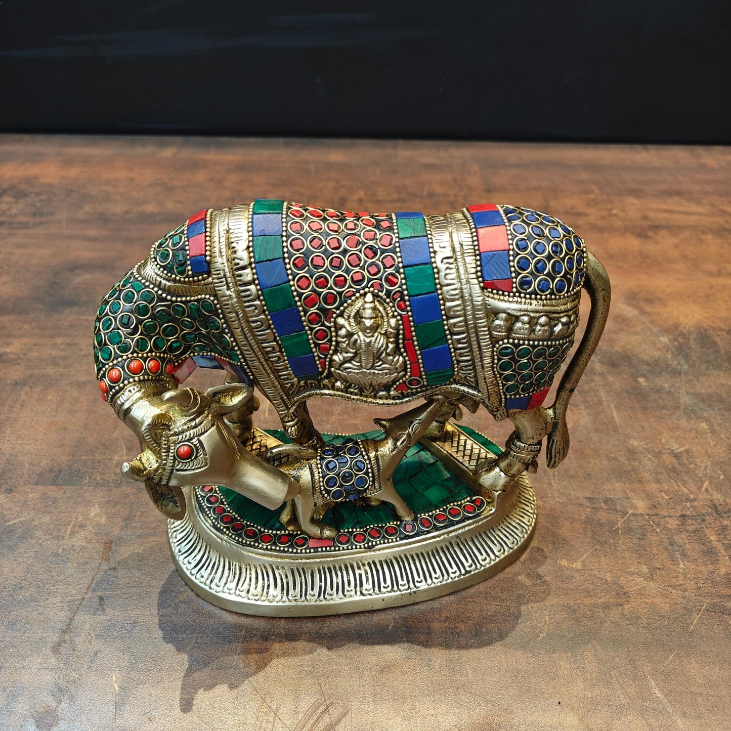 Brass Cow With Calf Idol Lakshmi Ji Ganesh Ji Engraved Stone Work 7 Inch