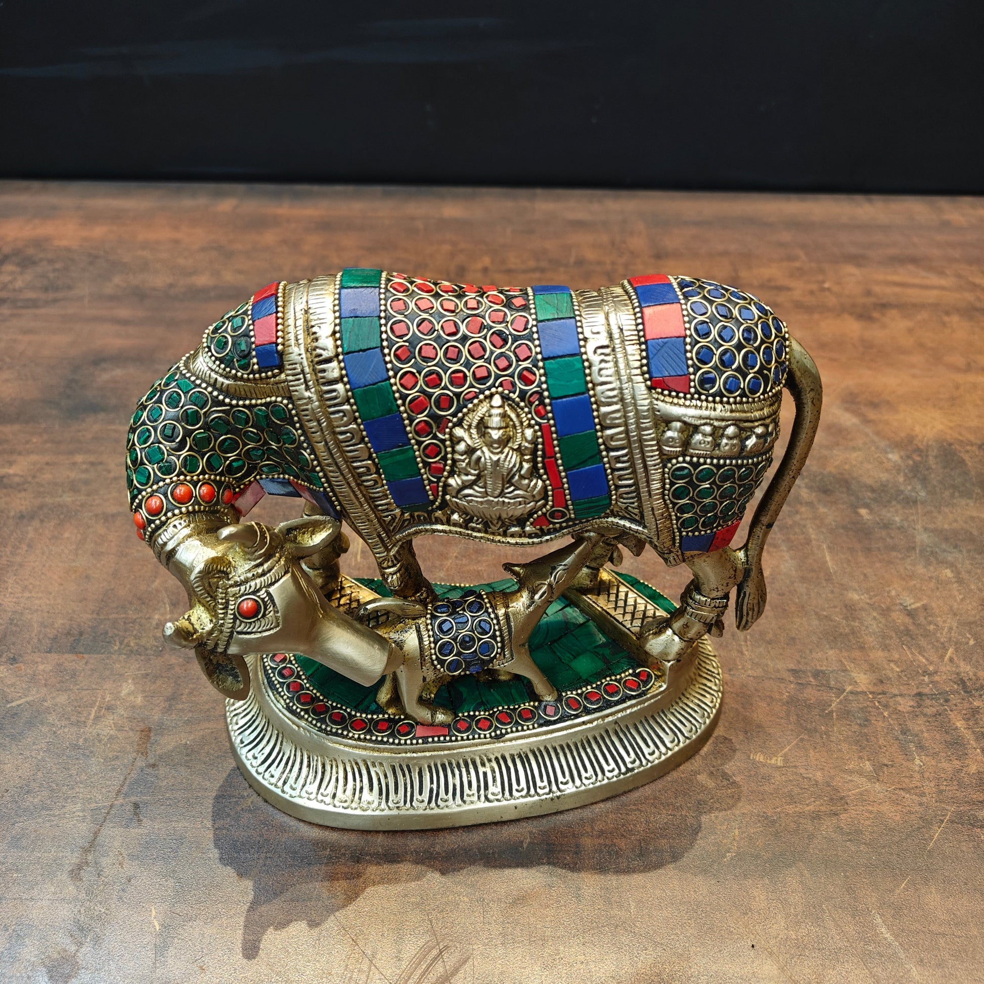 Brass Cow With Calf Idol Lakshmi Ji Ganesh Ji Engraved Stone Work 7 Inch - Image 5