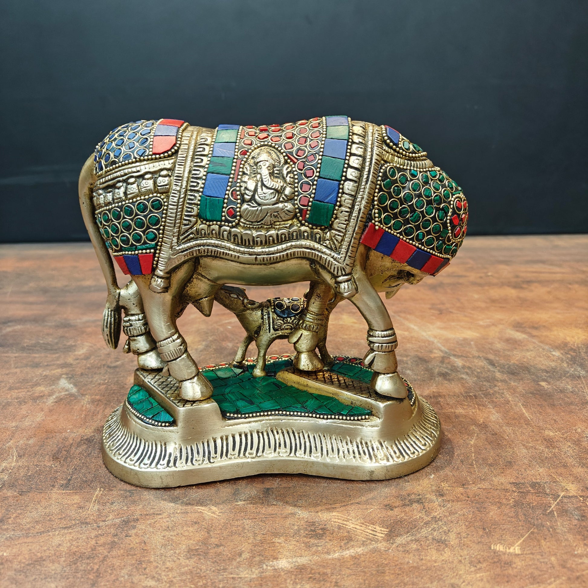 Brass Cow With Calf Idol Lakshmi Ji Ganesh Ji Engraved Stone Work 7 Inch - Image 6