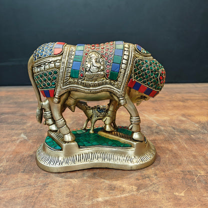 Brass Cow With Calf Idol Lakshmi Ji Ganesh Ji Engraved Stone Work 7 Inch by vendor-unknown - Spiritual (View 6)
