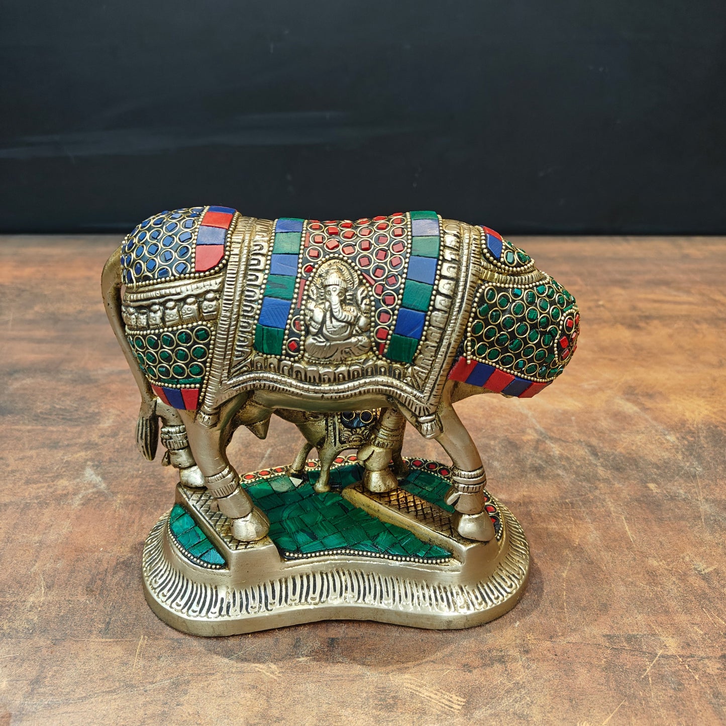 Brass Cow With Calf Idol Lakshmi Ji Ganesh Ji Engraved Stone Work 7 Inch