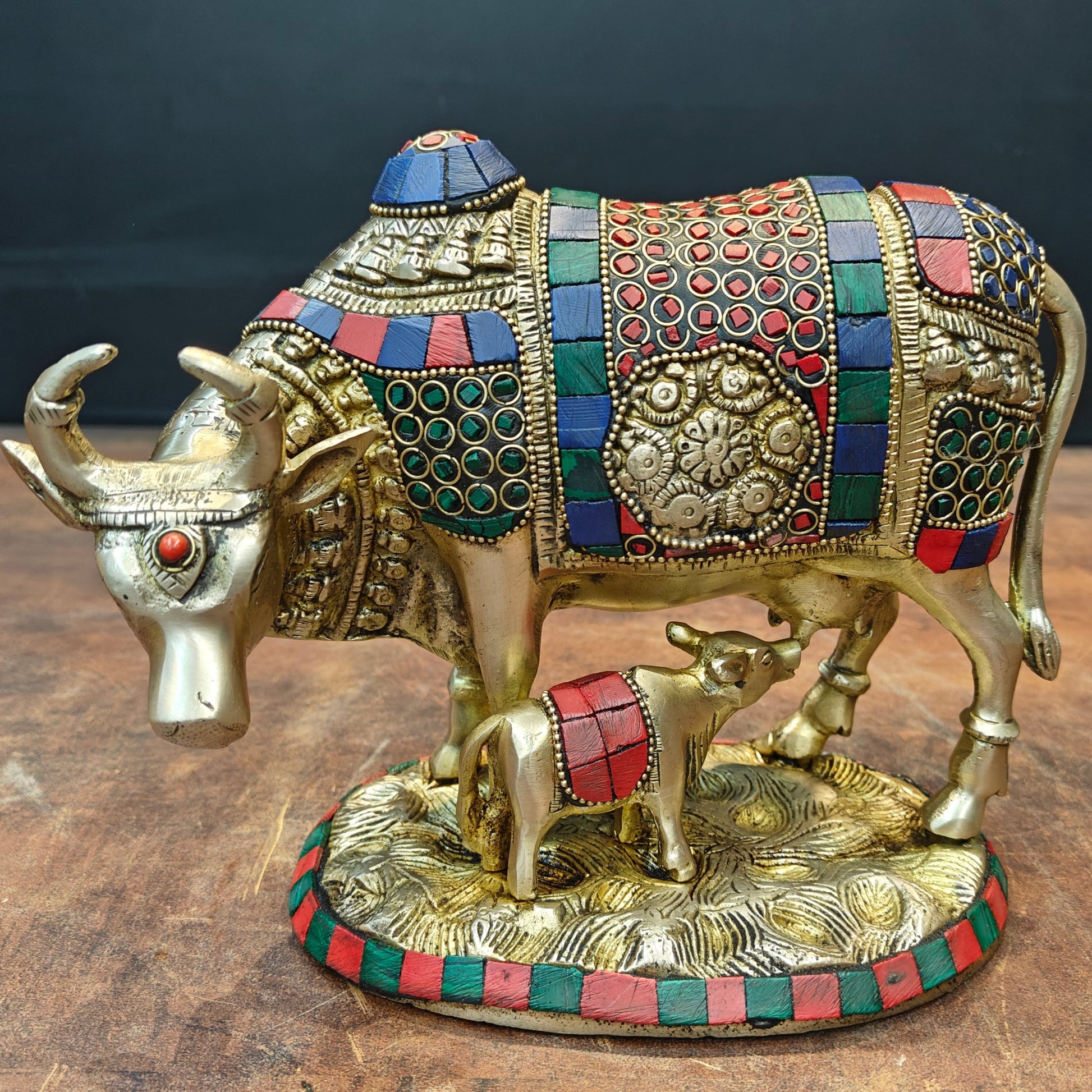 Brass Cow With Calf Idol Stone Work For Home Decor 7 Inch - Image 2