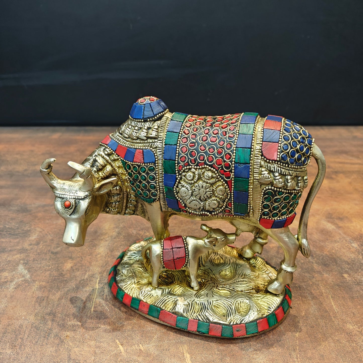 Brass Cow With Calf Idol Stone Work For Home Decor 7 Inch