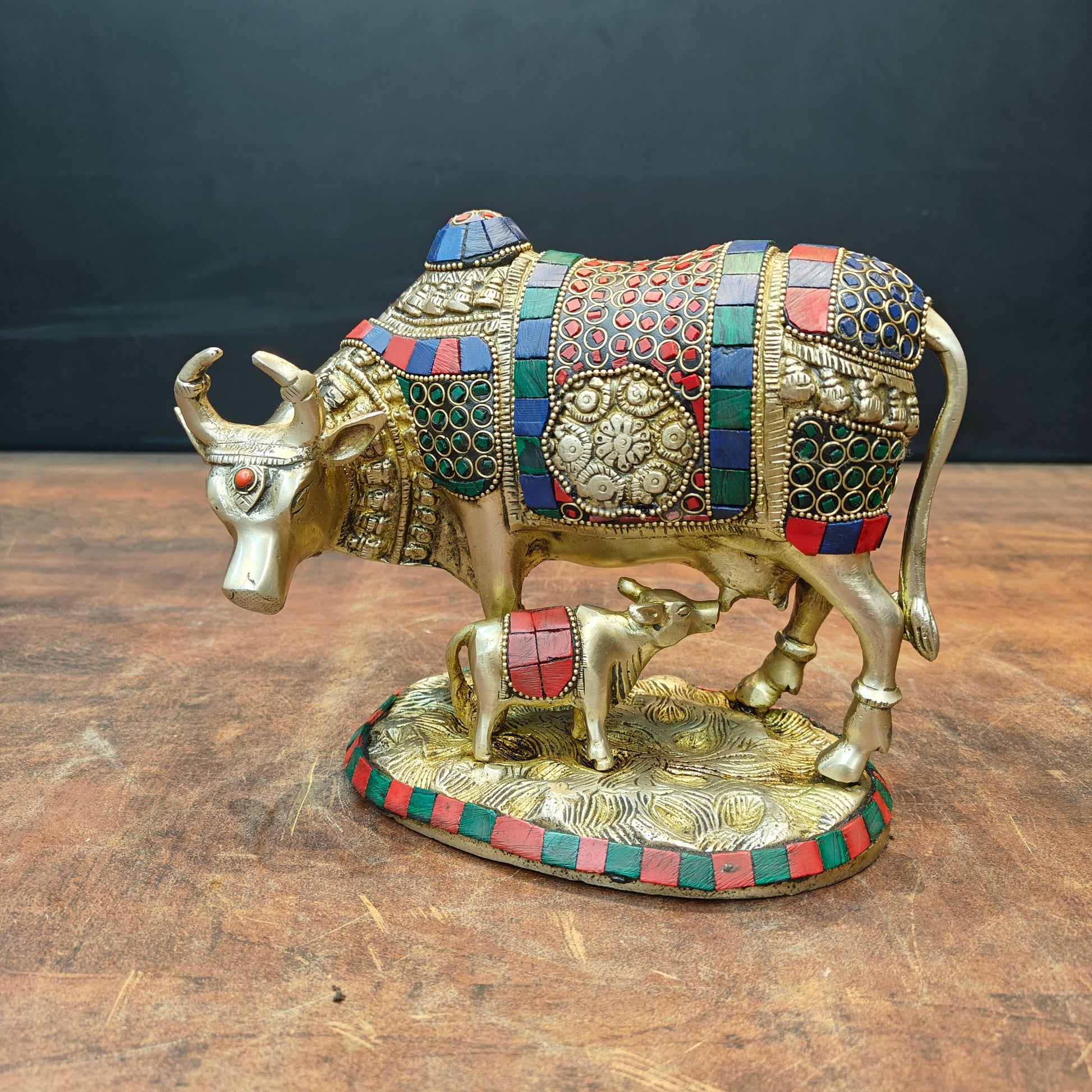 Brass Cow With Calf Idol Stone Work For Home Decor 7 Inch - Image 4